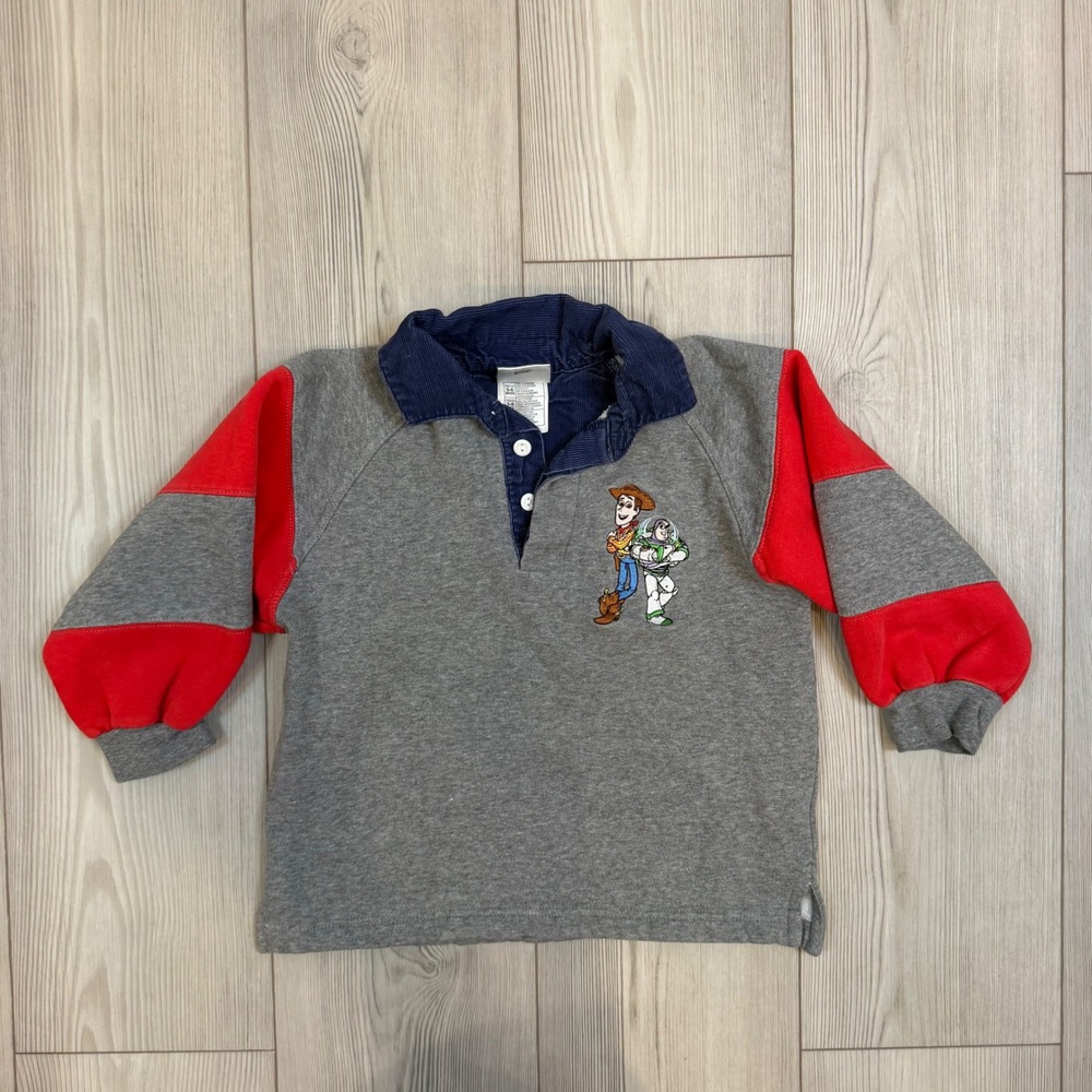 Vintage Disney Store Toy Story Woody Buzz Polo Sweatshirt Grey Red Kids 5-6